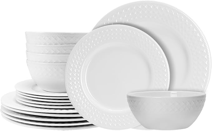 18-Piece Bone China Dinnerware Set for 6, White Porcelain Plates and Bowls with Textured Design, Lightweight Microwave Dishwasher Safe for Family Dining