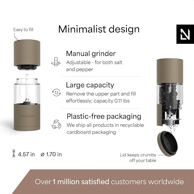 LARS NYSØM Salt and Pepper Grinder Set I Salt and Pepper Mills with Adjustable Ceramic Grinder 2 pieces I Manual Design Spice Mill Set (Taupe Brown)