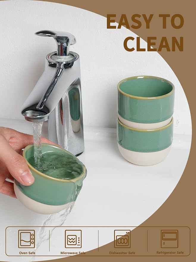 4oz Espresso Cups Set of 4, Green Ceramic Demitasse Coffee Cups for Espresso, Latte, Cappuccino – Two-Tone Stackable Small Mugs for Home, Cafe, Restaurant – Dishwasher & Microwave Safe