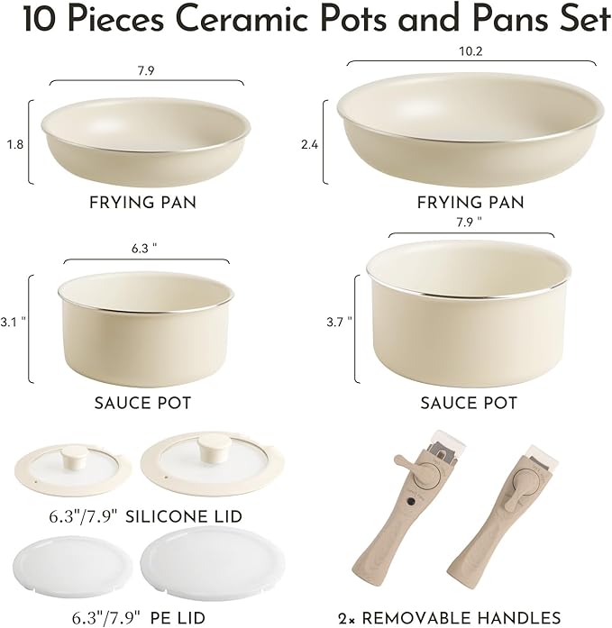 10-Piece Ceramic Nonstick Cookware Set, PFAS/PFOA/PTFE-Free & Non-Toxic Pots and Pans Set with Detachable Handles, Dishwasher Safe & Induction Compatible for Kitchen & RV Cooking