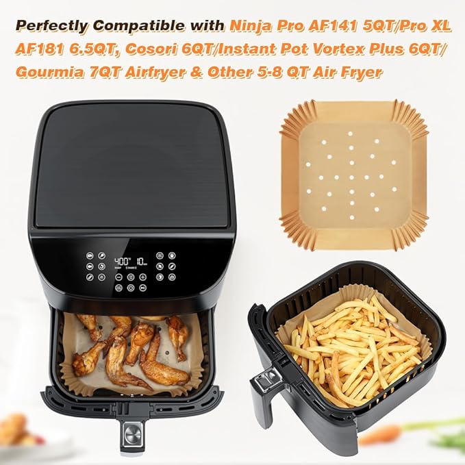 BYKITCHEN Perforated Air Fryer Liners for Ninja Pro AF141/AF181, Chefman, Instant Vortex, Cosori&5-8 QT Airfryer, 100PCS 9 Inch Disposable Air Fryer Parchment Paper Sheet Filters, Airfryer Accessories