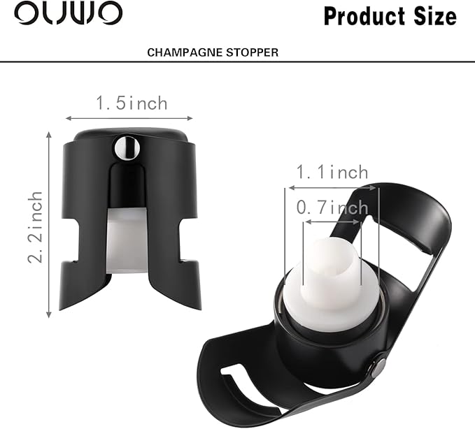 Champagne Sealer Stopper 6 Pack Stainless Steel Sparkling Wine Bottle Stoppers，Leak-Proof Bubble Retaining Saver，Suitable for Champagne Prosecco Cava and Sparkling (Black)