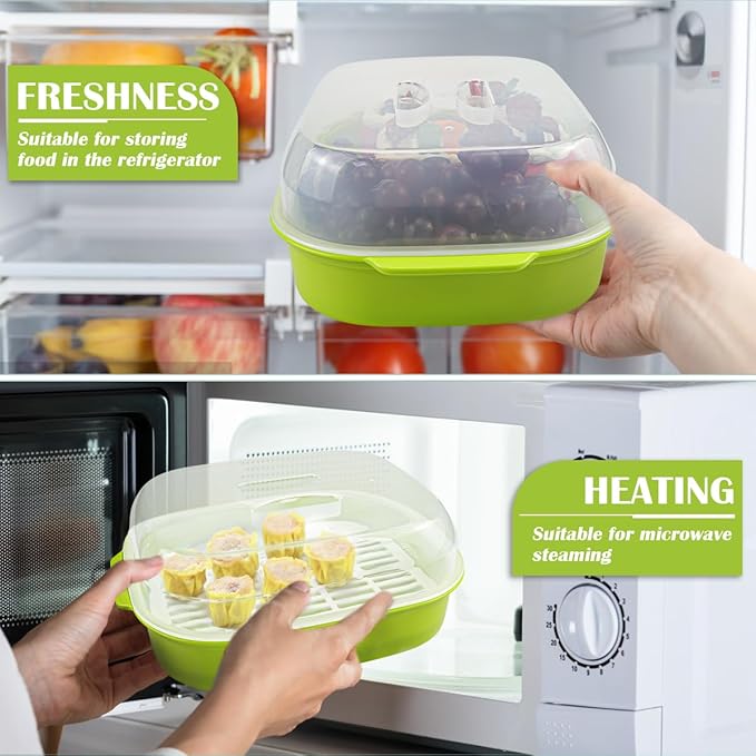 DOERDO Microwave Steamer with Lid, Plastic Vegetable Steamer for Cooking Vegetables and Seafood, 10.4x8.1 Inch, Green