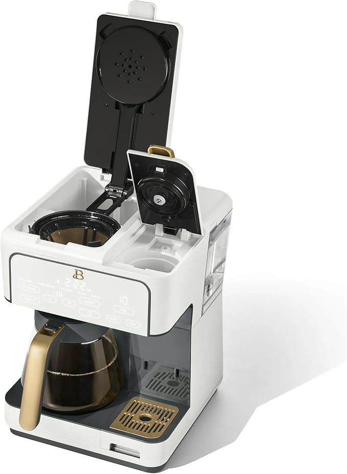 Beautiful Multi-Brew Drip Coffee Maker & Single Serve Machine, Glass Carafe, Keep Warm, Travel Mug Friendly, 3 brew settings, Touch-activated home and kitchen by Drew Barrymore (White)