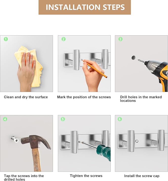 Wall Mounted Coat Rack-5 Hooks, Heavy Duty Stainless Steel Hook Rail for Towel Coat Hat Purse Bag Jacket, Towel Hooks for Entryway Bathroom Kitchen (Silvery 5 Hooks - 1 Pack)