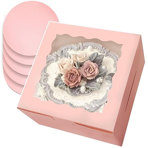qiqee 8x8x5 Cake Box, 18 Sets Pink Cake Box with Window ＆ 18 Sets 8" Pink Cake Round Boards, 8inch Cake Containers