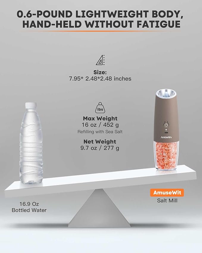 AmuseWit Gravity Electric Salt and Pepper Grinder Set [White Light] USB Rechargeable Automatic Pepper and Salt Mills,Adjustable Coarseness,One-Handed Operation,Greige