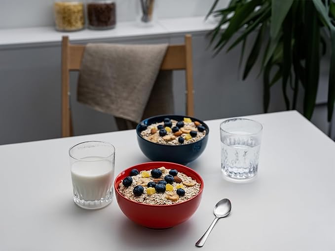 KooK Soup Bowls, Cereal Bowl, Ceramic, Bowls for Kitchen, Microwave, Dishwasher and Freezer Safe, Porcelain Dishes for Pasta, Salad, Oatmeal, Deep Interior, 20 oz, Set of 6, (Red)