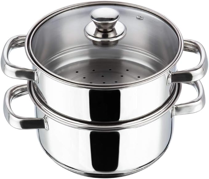 Vinod Stainless Steel Steamer 2 Tier with Glass Lid 18 cm | 2.5 mm Thick Base | Multi Purpose Momos, Modak Maker Steamer | Induction and Gas Base | - Silver