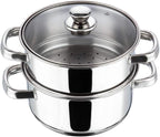 Vinod Stainless Steel Steamer 2 Tier with Glass Lid 18 cm | 2.5 mm Thick Base | Multi Purpose Momos, Modak Maker Steamer | Induction and Gas Base | - Silver