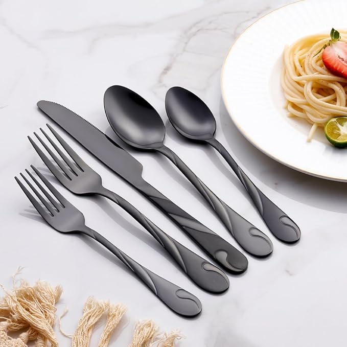 Black Silverware Set for 6, 30-Piece Stainless Steel Flatware Set, Shiny Black Metal Cutlery Set, Include Fork, Knife and Spoon Set, Dishwasher Safe