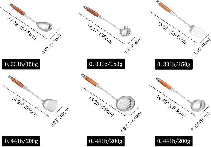 18/10 Stainless Steel Kitchen Utensils Set with Wooden Handle, 6 PCS Professional Cooking Utensils Set 15”, Wok Spatula, Ladle, Skimmer, Slotted Spatula Turner, Spaghetti Spoon, Large Spoon
