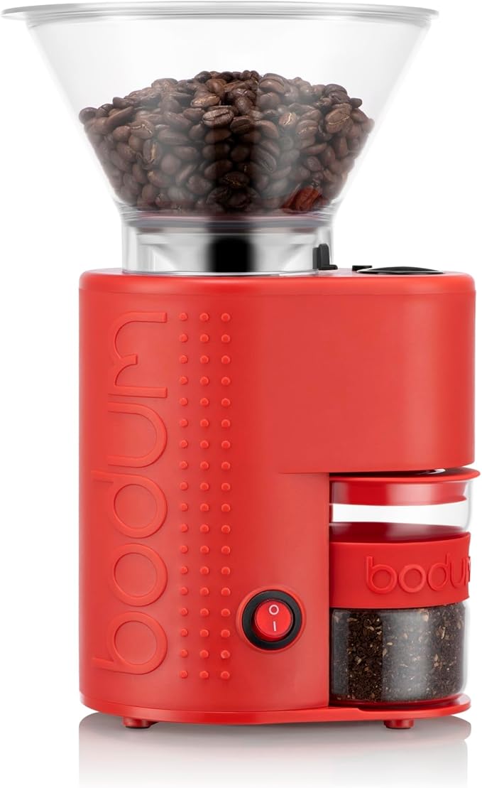 Bodum Bistro Electric Conical Burr Coffee Grinder, Preset Timer, 12 Grind Settings, Red