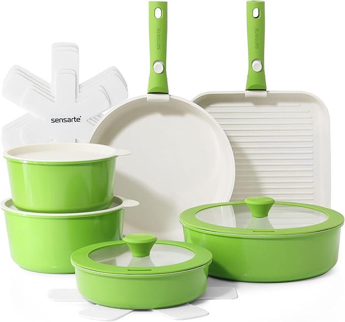 SENSARTE 17 Piece Ceramic Pots and Pans Set, Nonstick Detachable Handle Cookware, Induction Kitchen Cookware Set with Removable Handle, Dishwasher ＆ Oven Safe (Green)