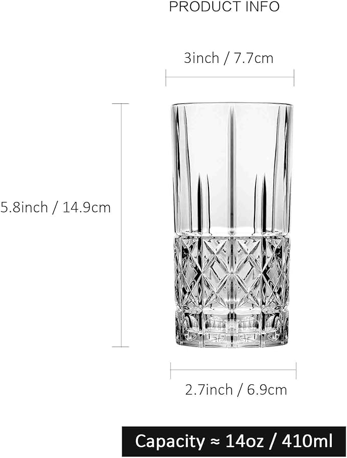 Tall Highball Glasses Set of 6, 14 Ounce Cups, Textured Designer Glassware for Drinking Water, Beer, or Soda, Trendy and Elegant Dishware, Dishwasher Safe