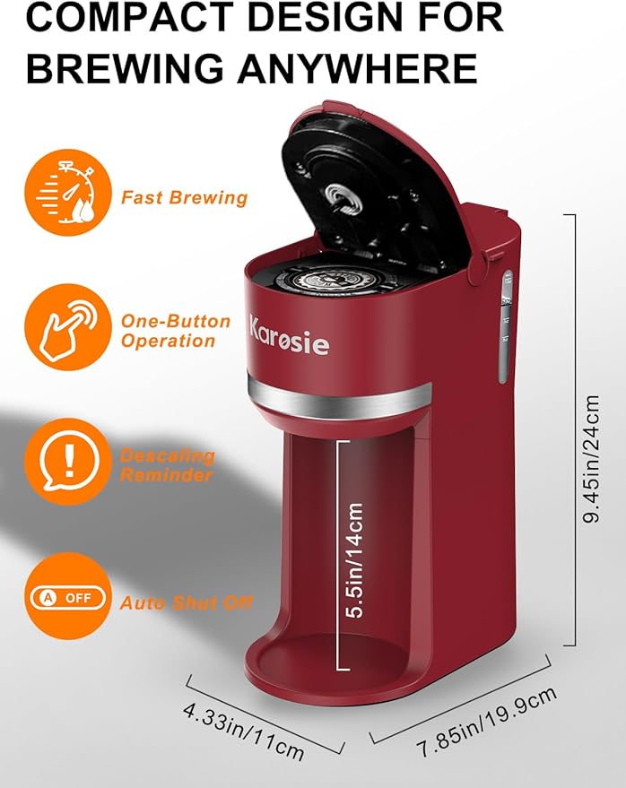 Single Serve Coffee Maker for K-Cup and Ground Coffee, Fast Brew, 6-12 oz Brew Sizes One Cup Coffee Machine Fits 5.5" Mugs, One-Button Small Coffee Maker with Descaling Reminder, Red
