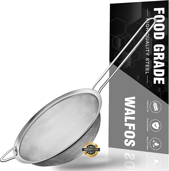 Walfos 4.6 Inch Fine Mesh Strainer, Premium Stainless Steel Colanders and Sifters, with Reinforced Frame and Sturdy Handle, Perfect for Sift, Strain, Drain and Rinse Vegetables, Pastas and Tea
