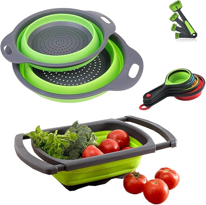CdyBox New Version 11Pack Silicone Kitchen Strainer Collapsible Colander with Foldable Silicone Measuring Spoon Measuring Cup Kitchen Good Tools (Green) 9.6 * 1.1