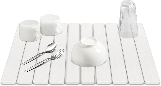 Large Stone Drying Mat, Diatomite Dish Drying Mat, Dish Mat Drying Kitchen Mat - Storable & Anti-Slip for Kitchen, Square, White, 24"x16"