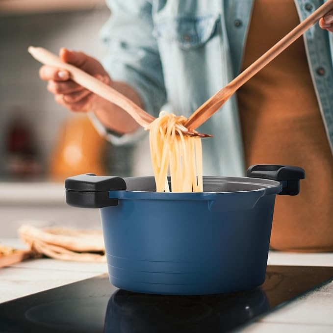 ACTIV CUISINE 8.5qt Pasta Pot with Strainer Lid, Cast Aluminum Stockpot Multipot, Nonstick Ceramic Coating make Cleanup easy with Tempered Glass Lid, Dishwasher Safe, Induction, Blue