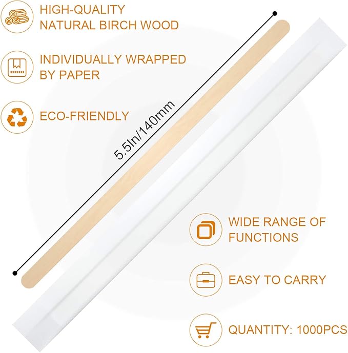 1000Pcs Disposable Wood Coffee Stir Sticks Stirrers Individually Paper Wrapped Coffee Tea Beverage Stirrers Stirrings 5.5 Inch,140mm