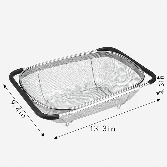 3 PackPremium Quality Over The Sink Stainless Steel Oval Colander with Fine Mesh 6 Quart Strainer Basket & Expandable Rubber Grip Handles - Strain, Drain, Rinse Fruits, Vegetables