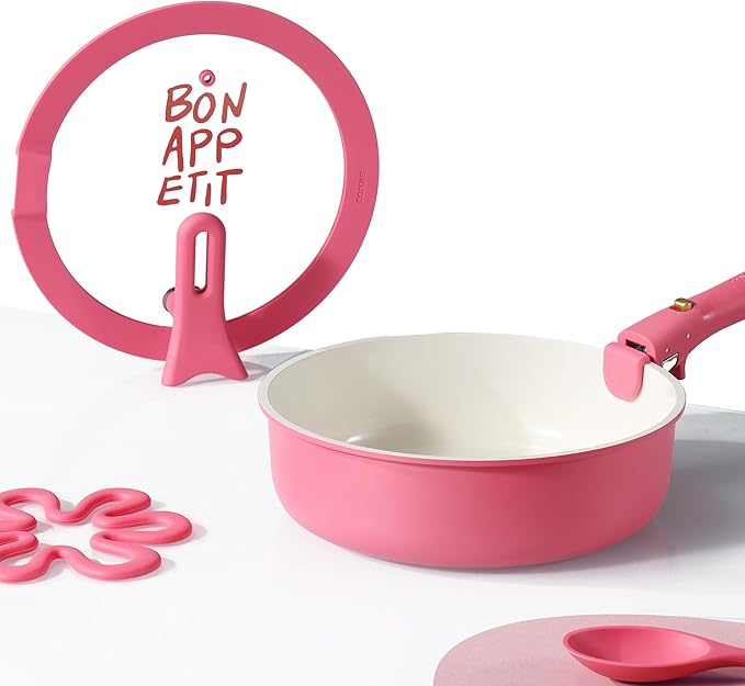 CAROTE 18Pcs Ceramic Cookware Set with Detachable Handle, Pots and Pans Set Non Stick, Non Toxic Kitchen Cooking Sets with Stand-Up Lid, PFAS and PFOA Free, Oven Safe, Induction Ready, Pink
