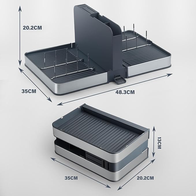 Foldable Dish Drainer Rack with Removable Cutlery Holder Stainless-Steel Dish Drying Rack with Dual Parts, Space-Saving Dish Rack, Rustproof Utensil Drainer for Kitchen Counter, Gray/Steel