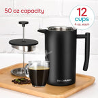 Belwares French Press Coffee Maker 50 OZ - Large Insulated Stainless Steel 304 Coffee Press with Double Wall & 4-Level Filtration System (Black - 1.5L)