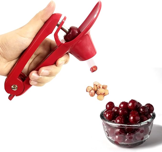 Cherry Pitter, Stainless Steel Olive and Cherries Pitters Corer Tool with Space-Saving Lock Design, Multi-Function Fruit Pit Remover for Cherry Jam (Red)