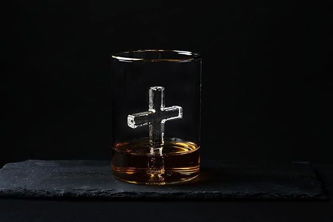 Crucifix Whiskey Glass – Premium Christian Cross Religious Glass, Old Fashioned Glass, Liquor – Luxurious Gold Rim – Home Bar Accessories Ideal for Man Cave, Fun Gift, Christian Gift, Religious Gift