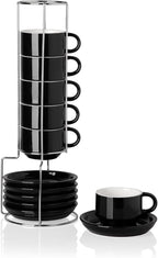 Sweejar Ceramic Espresso Cups Set of 6, Espresso Cup Stackable, 4 Oz Stackable Cappuccino Cups with Saucers and Metal Stand for Coffee Drinks, Americano, Latte, Tea (Black)