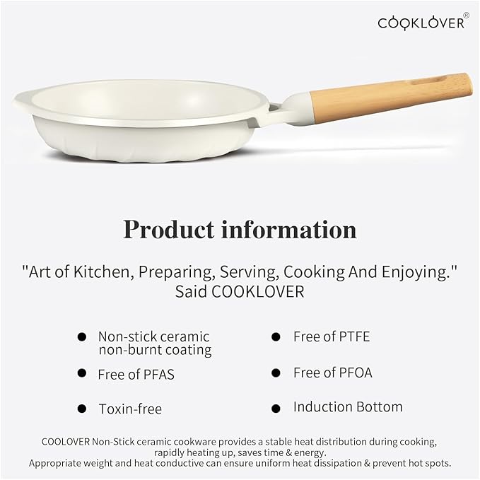 COOKLOVER Nonstick Frying Pan 100% PFOA Free Cookware Induction Skillet Stir Fry Pan (Cream white, 7.9 inch)