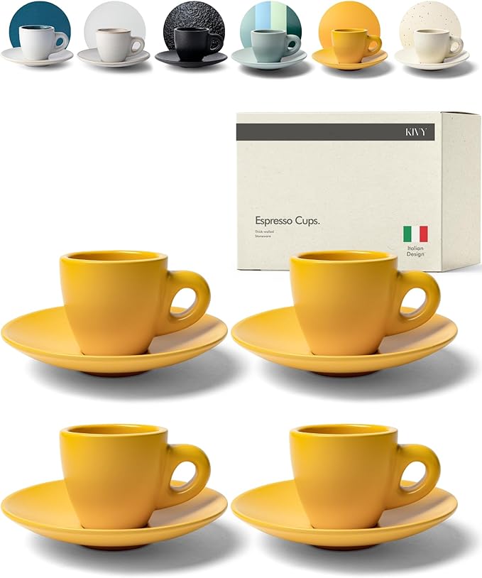 KIVY Espresso Cups Set of 4 [Set 4x 3oz]- Espresso Set Thick Walled Stoneware Espresso Cup Set - Italian Style Espresso Cups and Saucers - Espresso Mugs - Demitasse Cups and Saucers Sets - Yellow