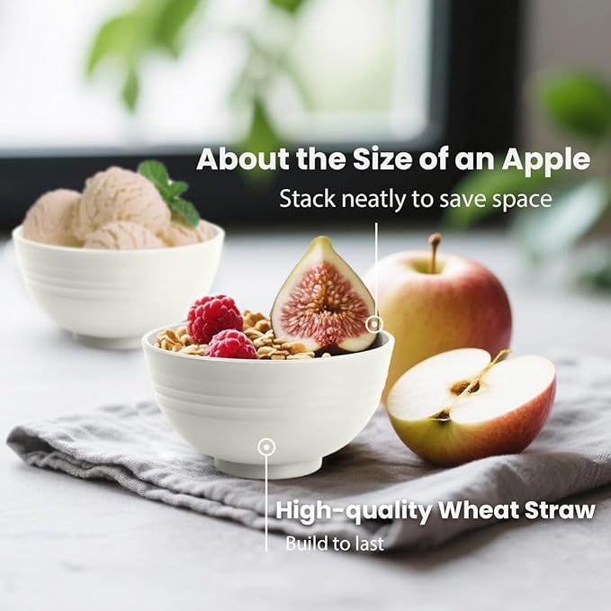 Wheat Straw Bowls Unbreakable Small Bowls Set of 8, Plastic Mini Bowl -10 OZ, Small Serving Bowls for Kitchen, Microwave and Dishwasher Safe for Ice Cream, Snack, Appetizer (White)