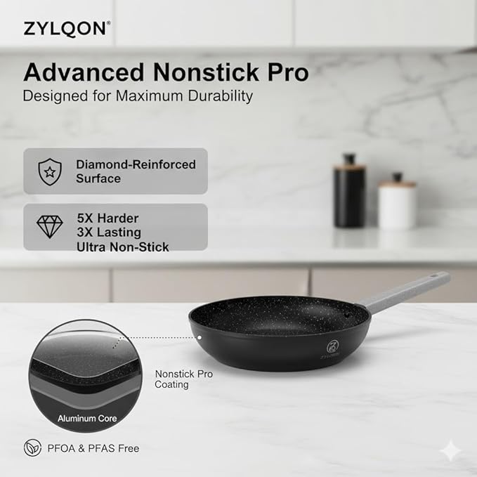 15-Piece Nonstick Cookware Set, Pots and Pans with Ceramic Coating, PFOA Free, Induction Ready with Stay-Cool Handles, Dishwasher Safe, Works with All Stovetops, Black/Grey Speckle