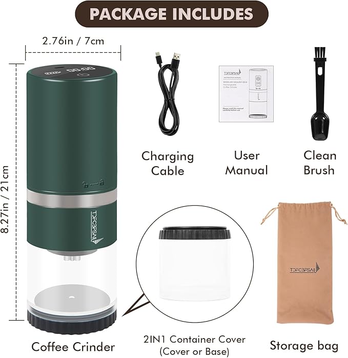 Portable Electric Coffee Grinder Stainless Steel Conical Burr Coffee Grinder with 45 Adjustable Settings Rechargeable Coffee Bean Grinder with LED Display for Home, Travel, Camping, Office-Dark Green