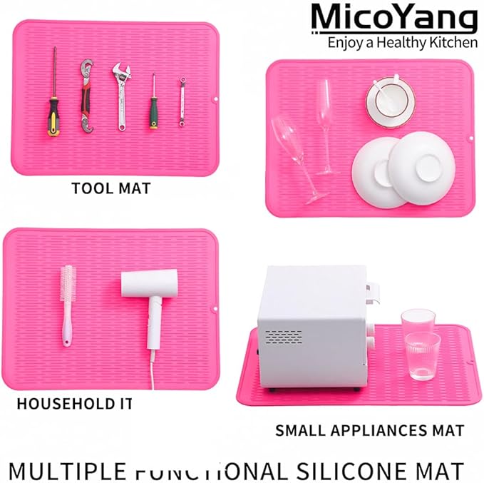 Silicone Dish Drying Mat for Multiple Usage,Easy clean,Eco-friendly,Heat-resistant Silicone Mat for Kitchen Counter or Sink,Refrigerator or Drawer Liner Rose 2XL 24 inches x 18 inches