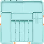 Homecor Silverware Organizer - Expandable Large Kitchen Drawer Organizer Utensil Organizer with 2 Knife Block Inserts, 22"x 19"Cutlery Tray with Drawer Dividers for Kitchen Flatware (Turquoise)