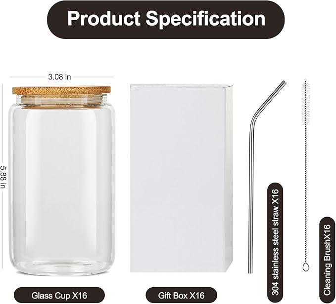 16Pcs Glass Cups With Bamboo Lids and Straws,16Oz Ice Coffee Cup,Drinking Glasses Cups Set,Water Bottles Glasses for Juicing,Beer,Coffee,Soda,Tea-Glass Tumbler Reusable for Gifts