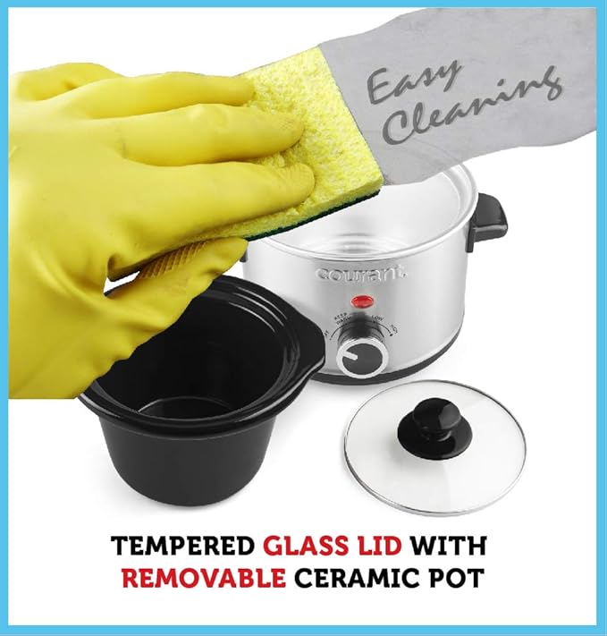 Courant Small Slow Cooker 1.6 QT, 3 Heat Settings, Removable Ceramic Pot" Easy Clean, Dishwasher Safe, Mini Slow Cooker, Red