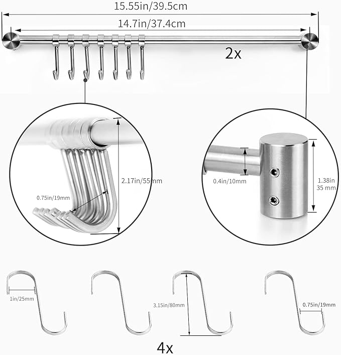 Kitchen Utensil Rack 2 Pack, 15.6 Inch Pots and Pans Hanging Rack Wall Mounted, 304 Stainless Steel Lid Cooking Utensil Hanger, 7 Sliding Hooks for Spatula Spoon, Measuring Cups, Coffee Mug