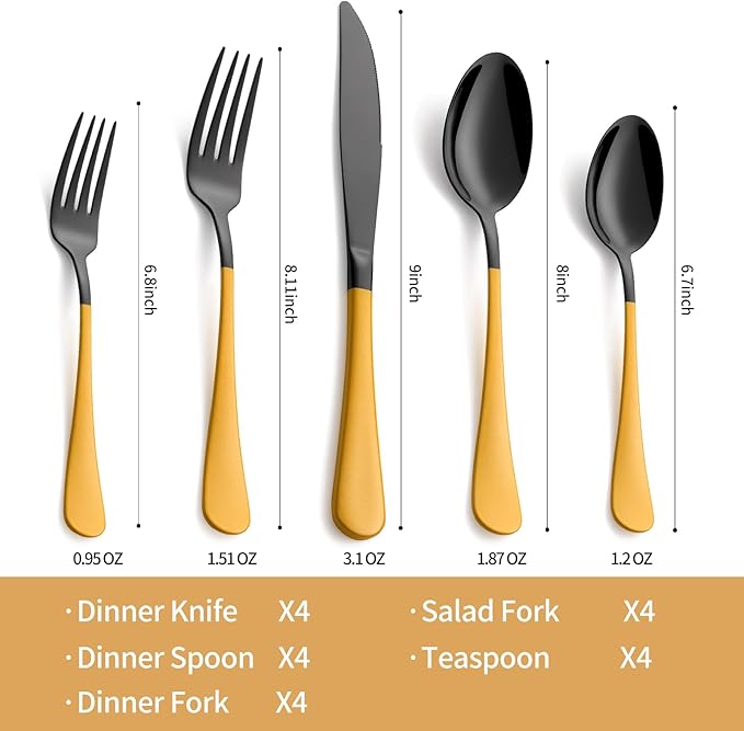 20-Piece Black Silverware Set 18/0 Stainless Steel Silverware Set Yellow Handle Cutlery Set Service for 4 Dinner Knives Forks Spoons Set Flatware Set Finish Dishwasher Safe（Black and Yellow）
