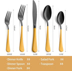 20-Piece Black Silverware Set 18/0 Stainless Steel Silverware Set Yellow Handle Cutlery Set Service for 4 Dinner Knives Forks Spoons Set Flatware Set Finish Dishwasher Safe（Black and Yellow）