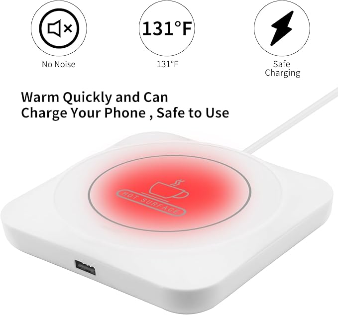 USB Coffee Mug Warmer: Candle Wax Warmer Smart Electric Cup Warmer Charge for Phone Home Desk Office Use Beverage Heating Plate with Gravity Switch for Hot Cocoa Milk Tea Water White