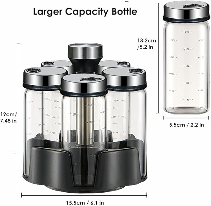 TINMIX Revolving Spice Rack Organizer, Rotating Seasoning Holder Shelf with 5 Large 200ml Glass Jars for Kitchen Countertop Cabinet