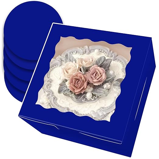 qiqee 8x8x5 Cake Box, 18 Sets Gemstone Blue Cake Box with Window ＆ 18 Sets 8" Gemstone Blue Cake Round Boards, 8inch Cake Containers