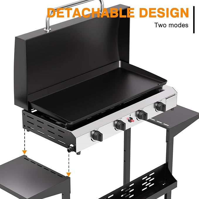 4 Burner Propane Griddle with Lid, 30 Inch Stainless Steel Portable Detachable Gas Griddle, 60,000 BTU Flat Top Grill with Side Shelves for Camping