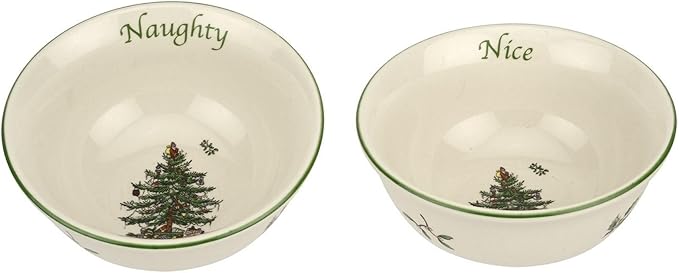 Spode Christmas Tree Dip Bowls - Set of 2, Naughty and Nice, 4-Inch Ceramic Serving Bowls for Holiday Dips, Snacks, Nibbles - Festive Tableware Christmas Tree Design - Dishwasher & Microwave Safe