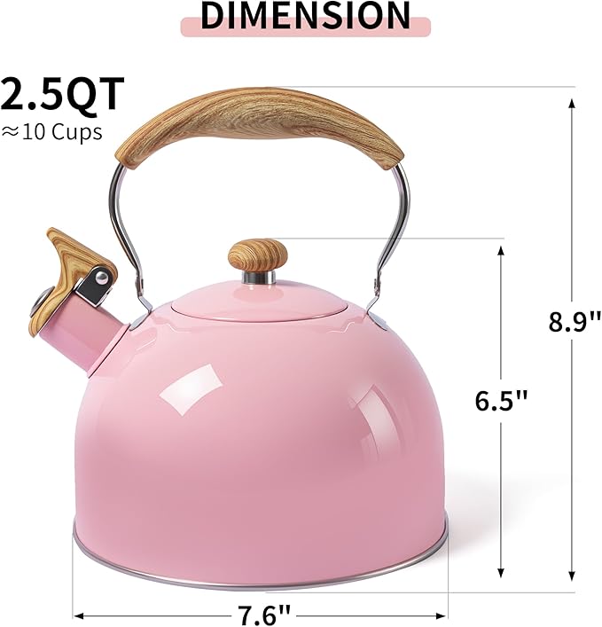 LONFFERY Tea Kettle, 2.5 Quart Whistling Tea Kettle, Tea Pots for Stove Top Food Grade Stainless Steel with Wood Pattern Folding Handle - Pink